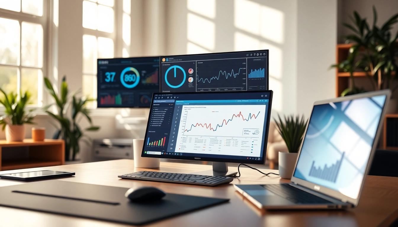Analyze AI detection tools in a modern office setup showcasing sleek interfaces and warm ambiance.