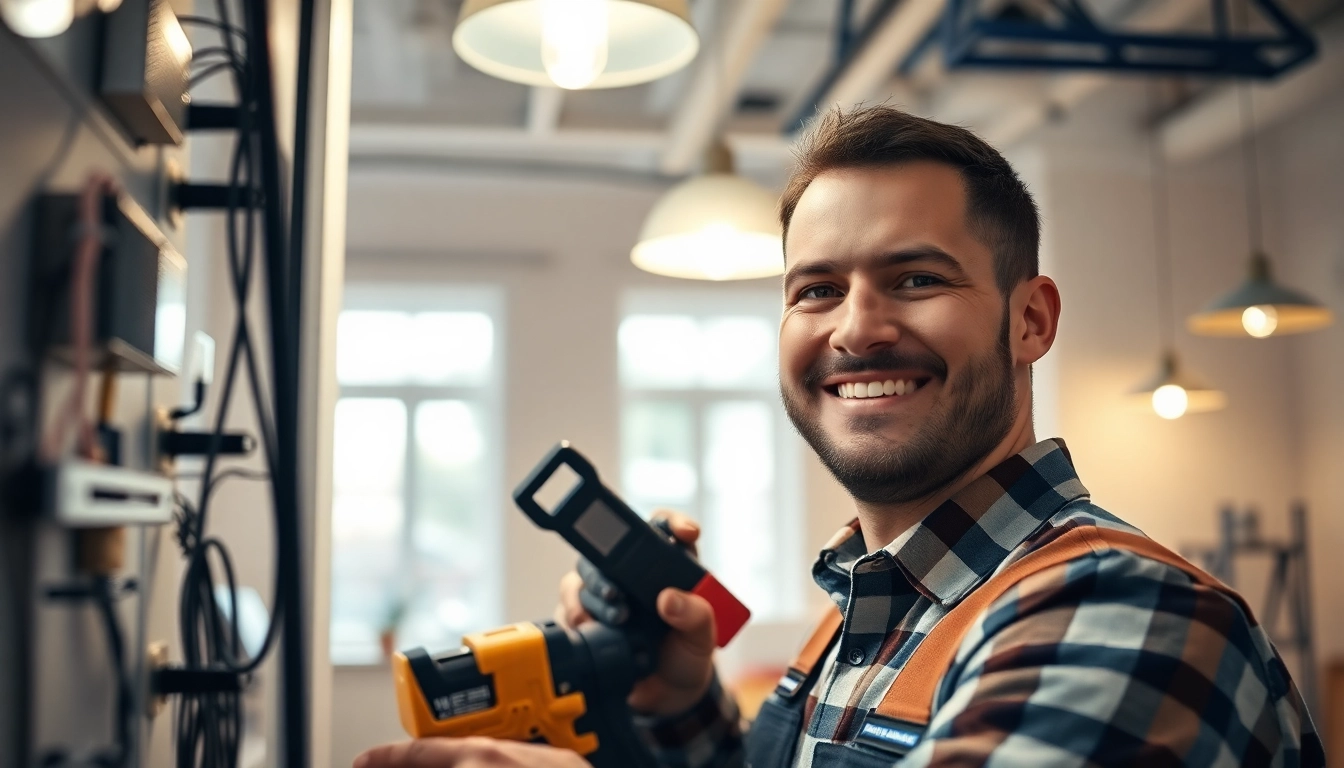 Skilled electrician providing Electrical Service in a residential area using specialized tools.