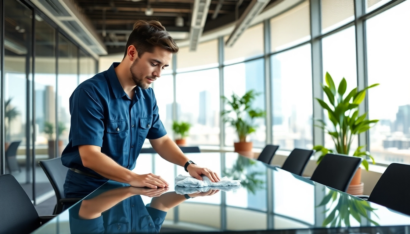 office cleaning Melbourne in a modern workspace with a focused cleaner polishing a conference table