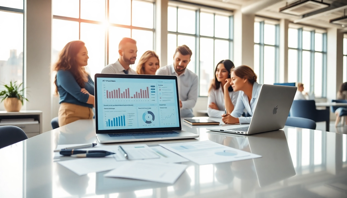 Utilize AI for competitor analysis tools in a modern office with a diverse team collaborating effectively.