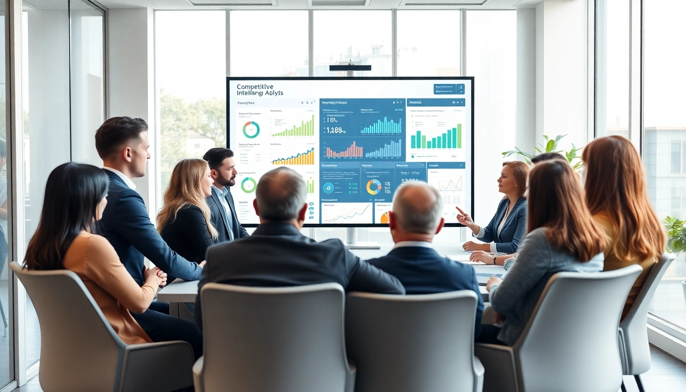 Analyzing competitive intelligence with a diverse team in a modern office environment.