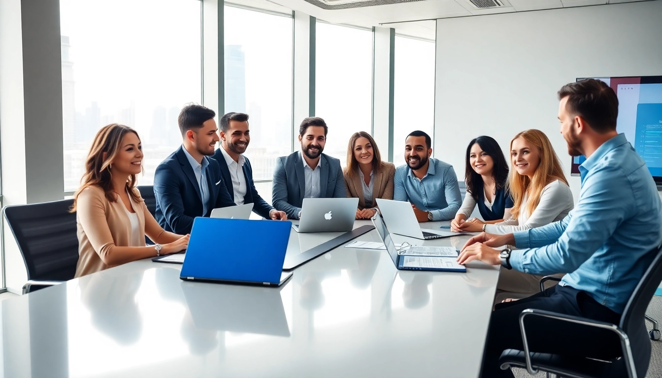 Engaged team of Quickplus Business Consultants collaborating in a modern office environment.