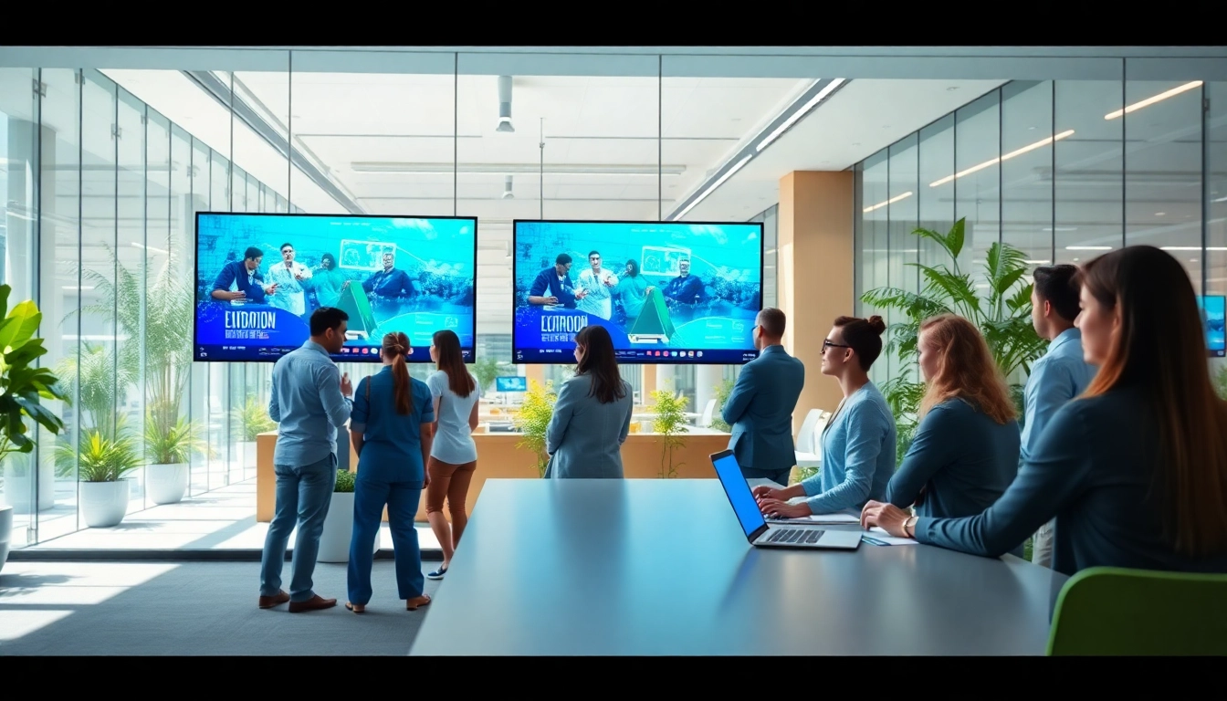 Engaged team utilizing multi-screen digital signage management in a dynamic office setting.