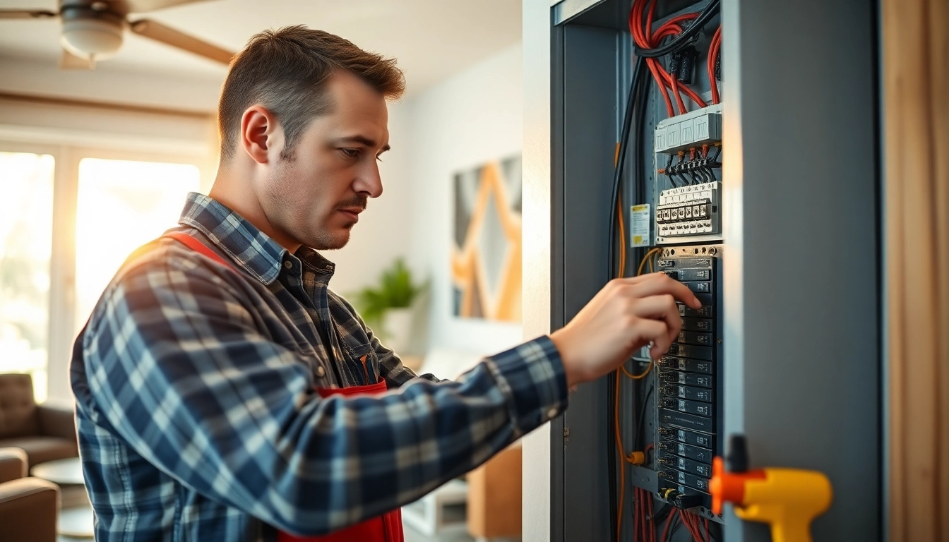 Electrician Clearwater inspecting a residential electrical panel with tools in a warm setting.