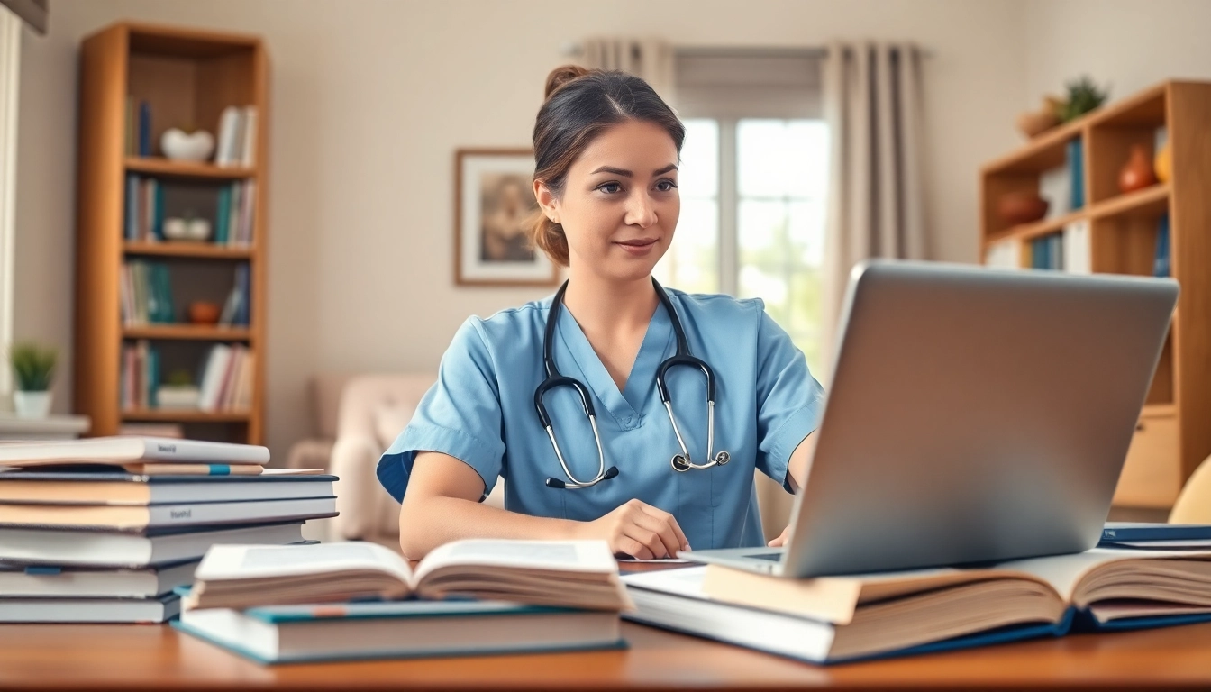 Nurses pursuing rn ceus through an online learning platform, focused on assignments and materials.