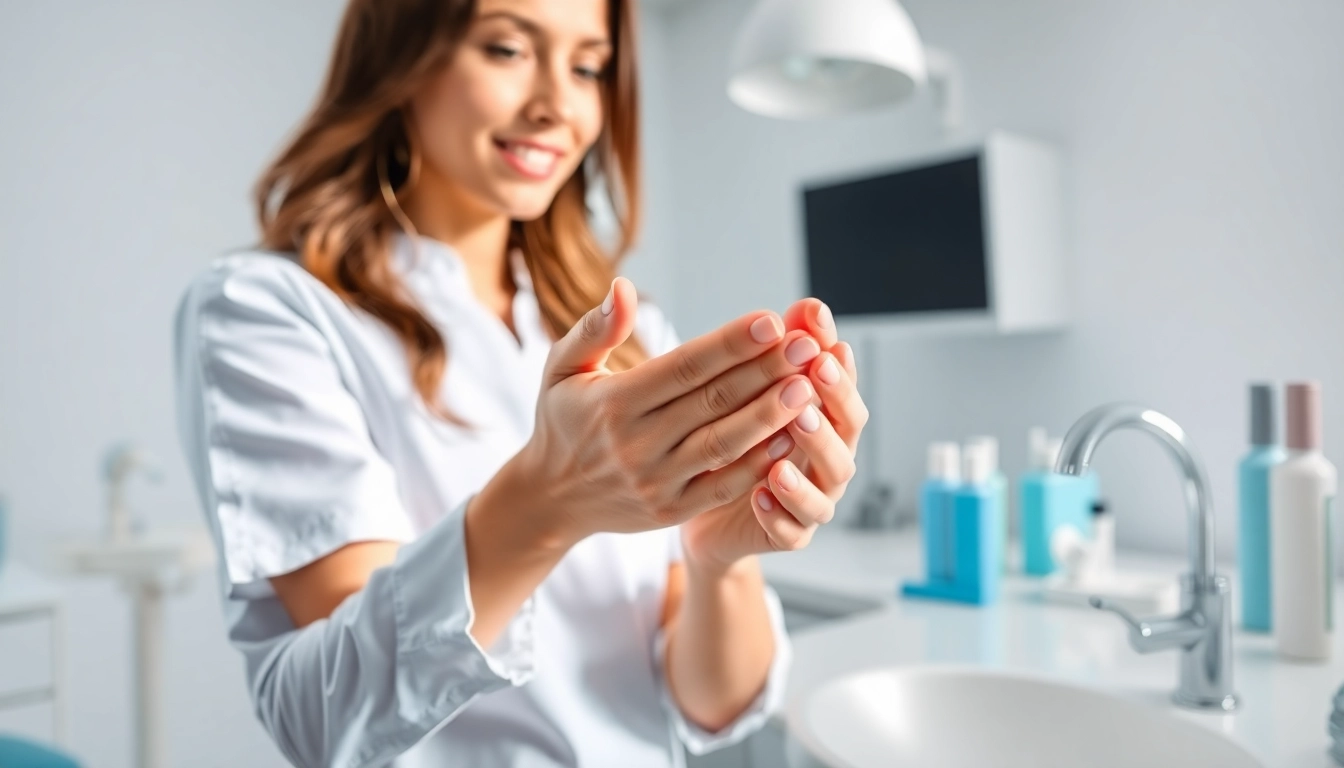 Demonstrating hygiene, a dental hygienist performs proper handwashing in a clean clinic.