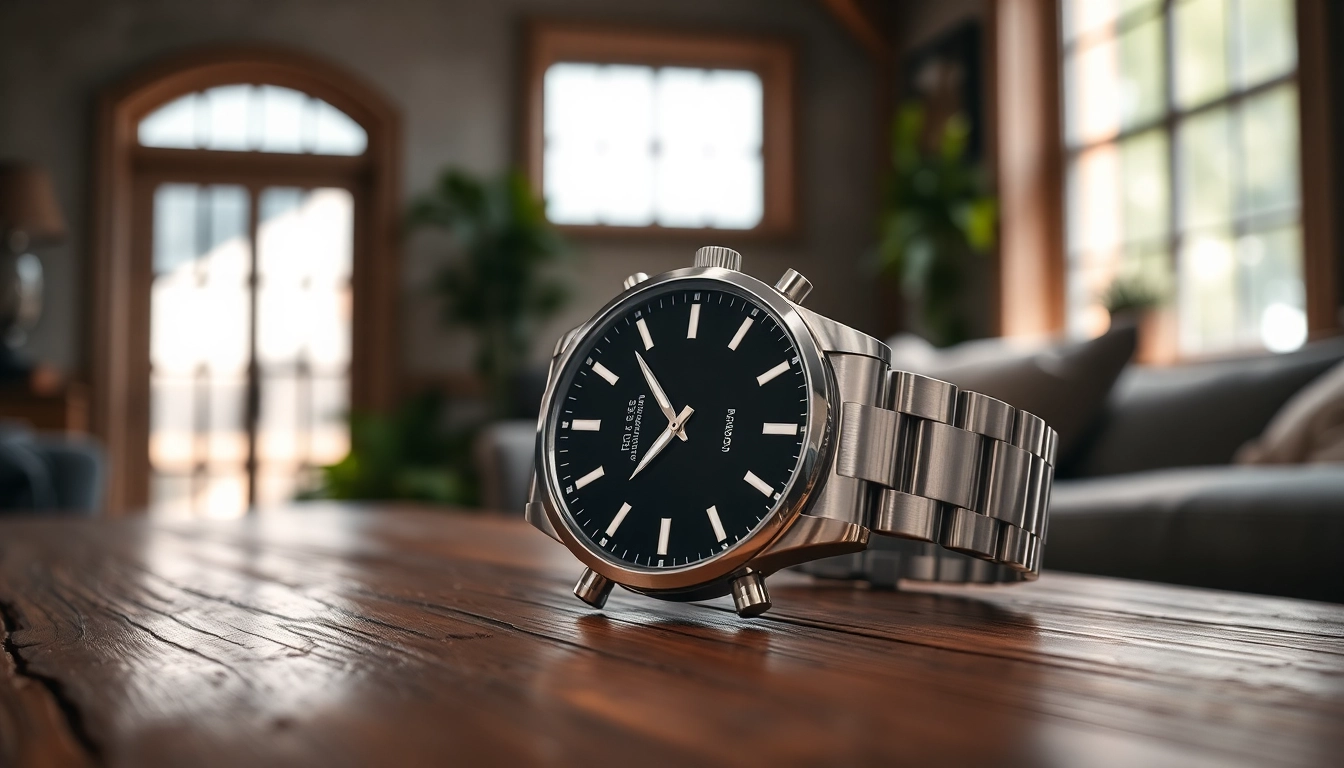 Herren Armbanduhr, stilvoll präsentiert auf einem rustikalen Holzuntergrund mit elegantem Design.