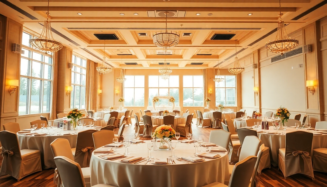 Experience the elegance of city venue event center with beautifully arranged banquet tables and ambient lighting.