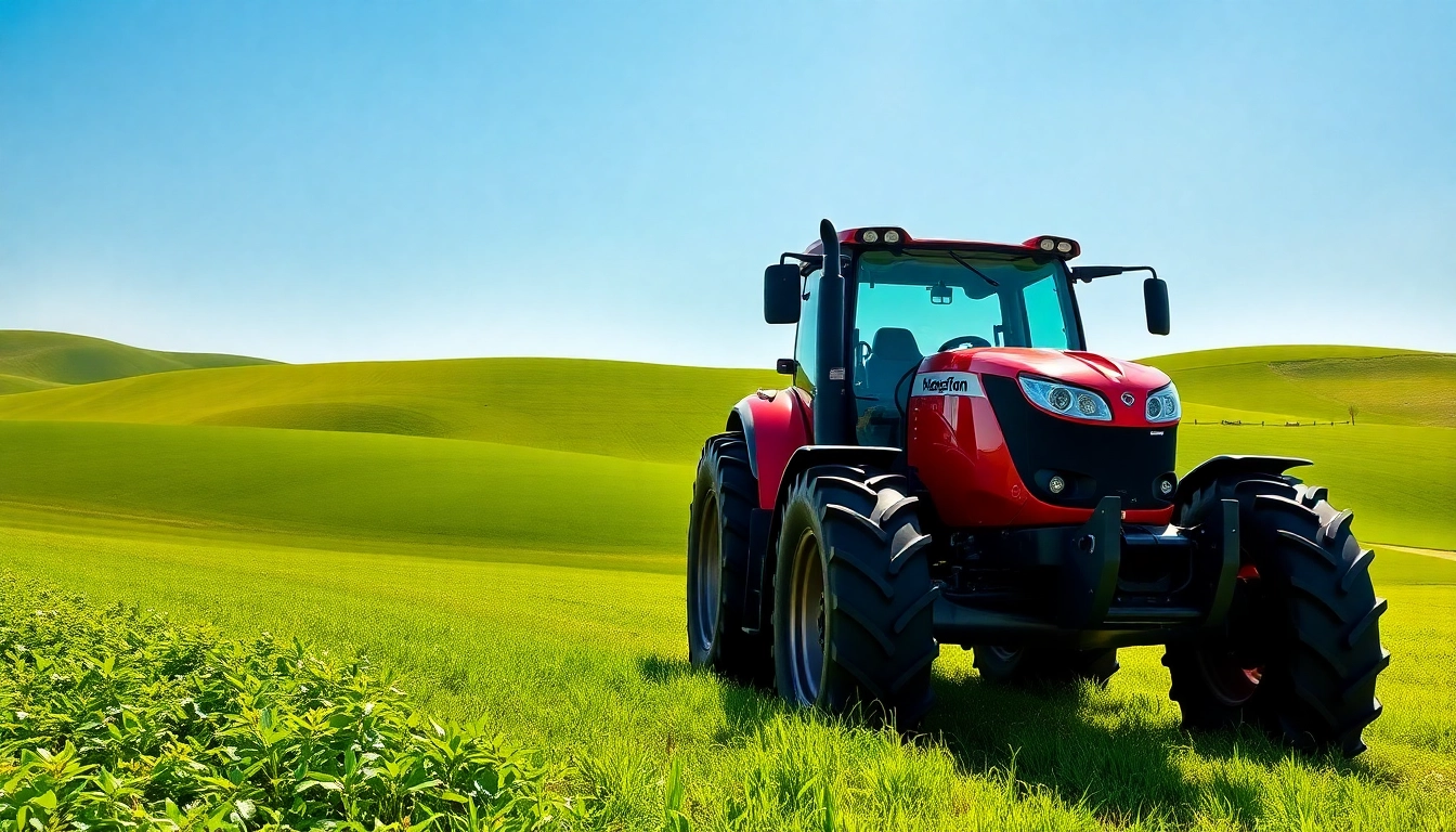 Fahren Sie einen Massey Ferguson Traktor über das grüne Feld mit beeindruckender Aussicht.