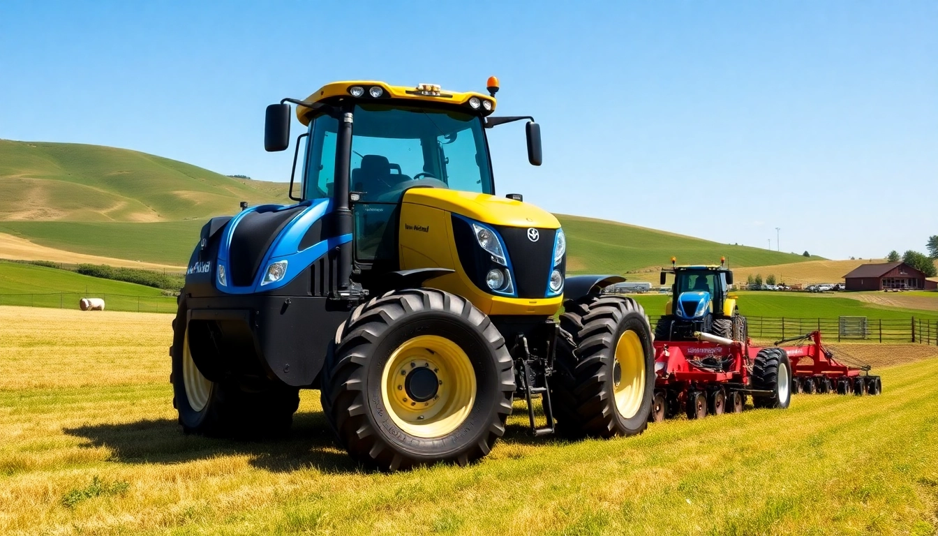 New Holland Traktor bearbeitet das Feld in einer sonnigen Landschaft mit blauen und gelben Farben.