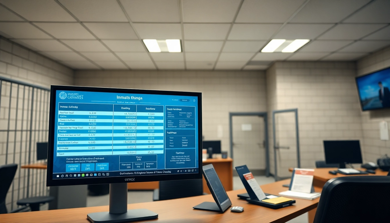 Search results for orange county inmate search displayed on a digital screen in a law enforcement office.