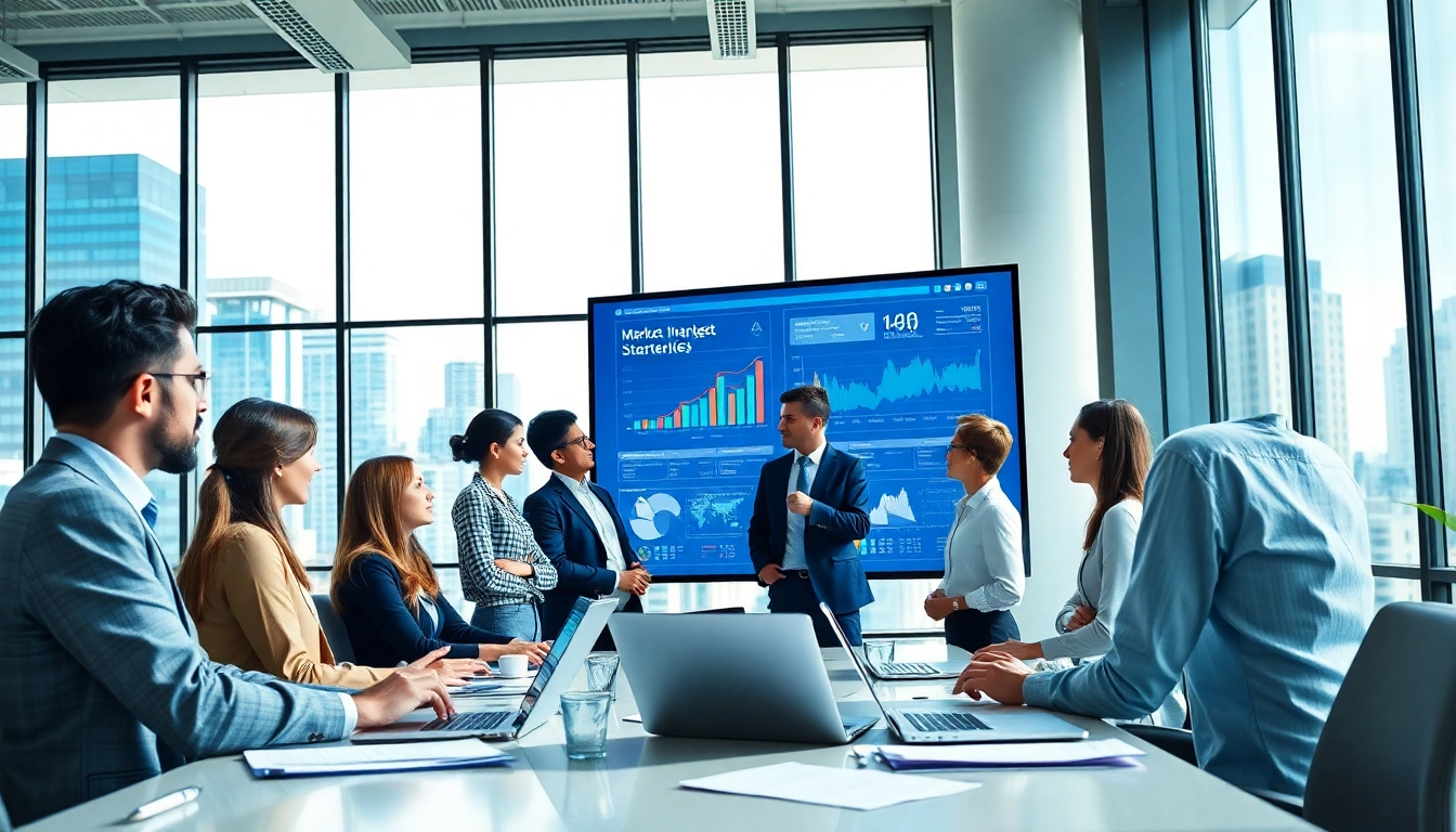 Analyze competitive intelligence strategies with a diverse team in a modern office environment.
