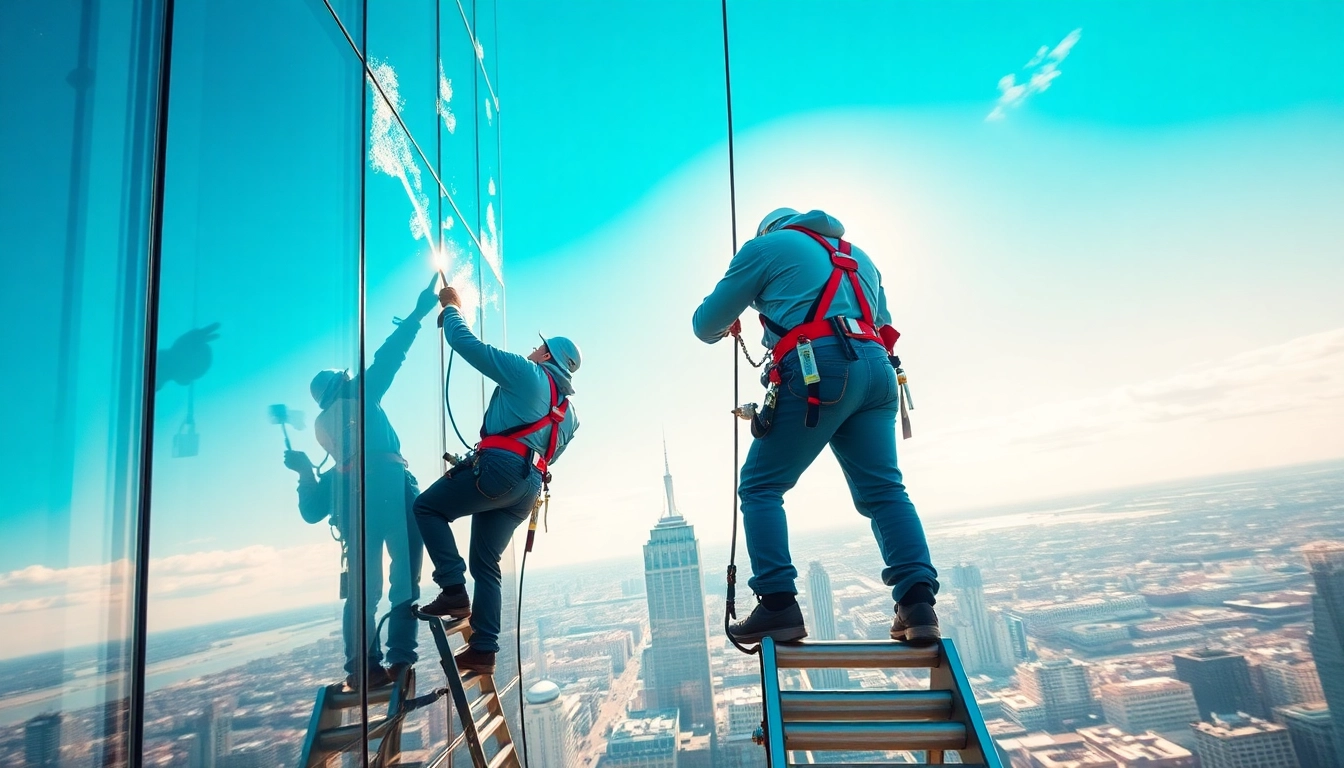Window cleaners performing high-rise glass cleaning with safety gear in a bright urban setting.