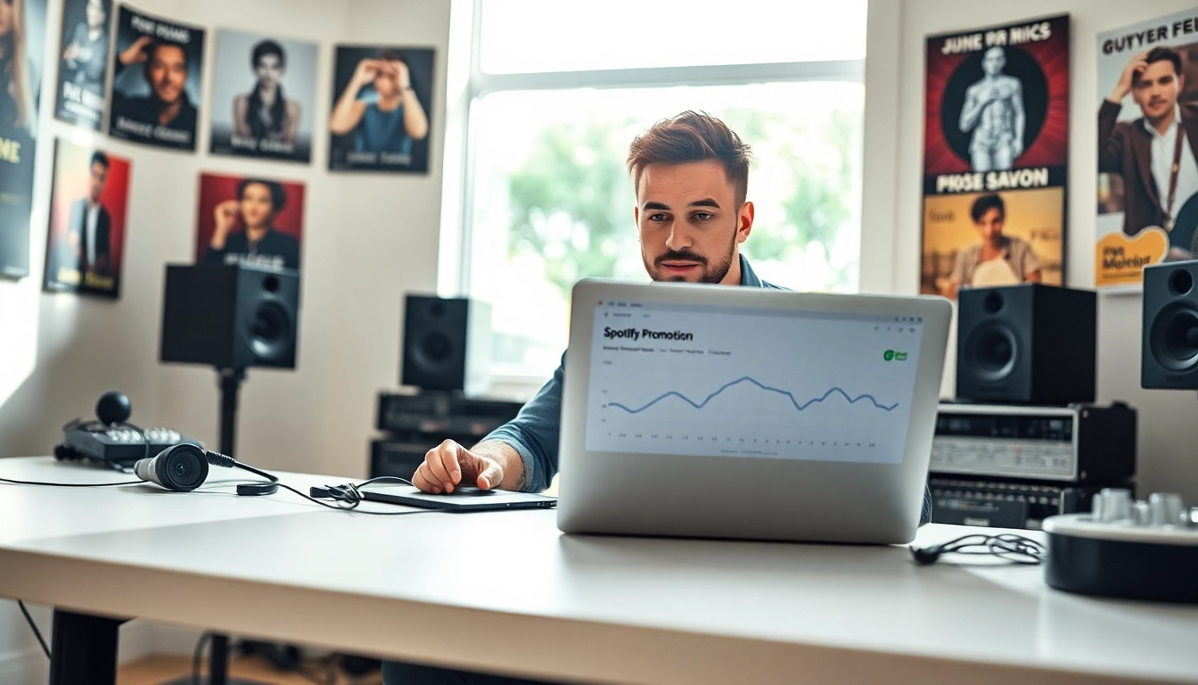 Engaging scene of a musician analyzing spotify promotion data on a laptop in a bright studio.