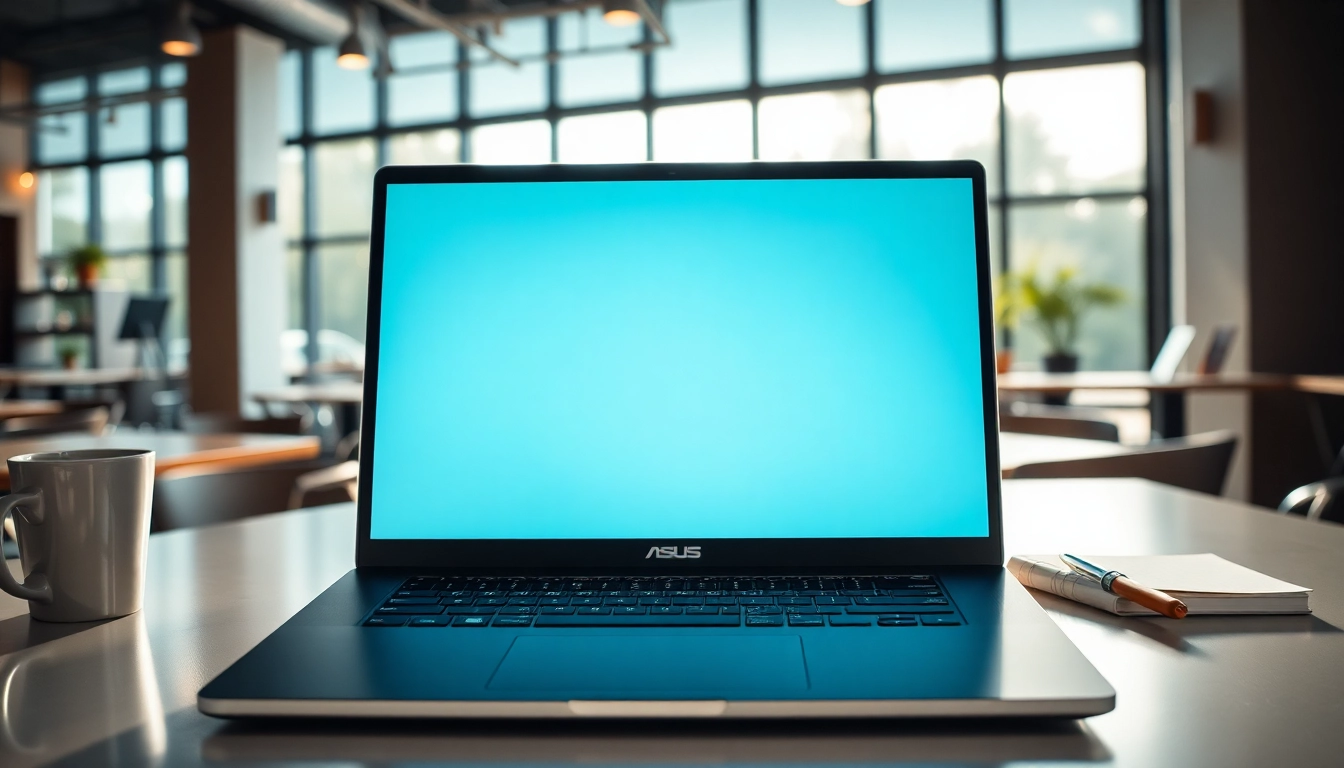 Showcasing the Asus Laptop on a minimalist desk in a modern coffee shop.