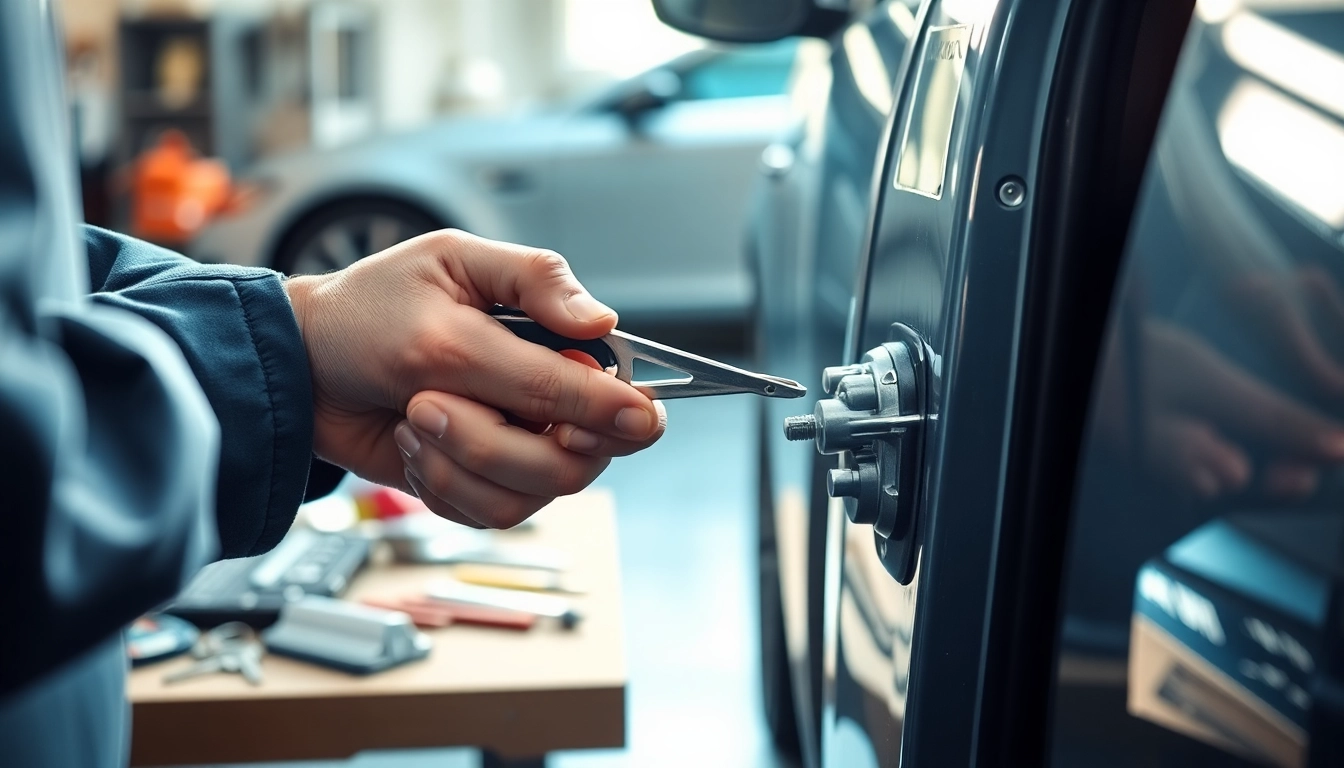 Unlocking techniques for Keys Locked in Car with a professional mechanic demonstrating a slim jim tool.