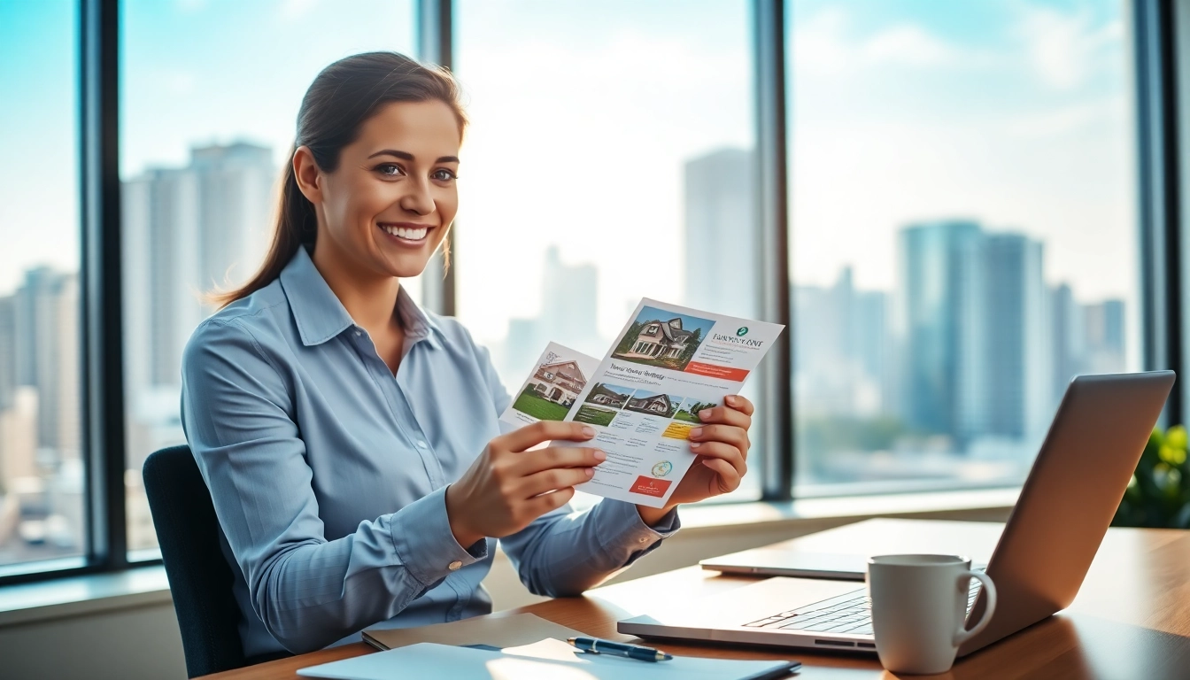 Engaging presentation by direct home buyers agent in a bright office showcasing property flyers.