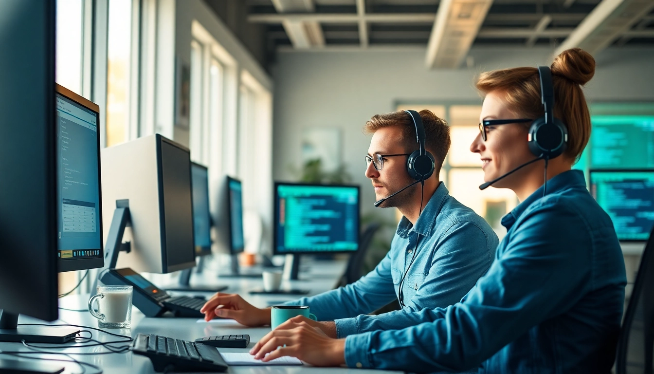 Helpdesk support team efficiently assisting clients in a modern tech environment.