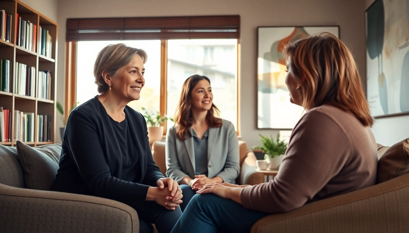 Engaged attachment theory coach listening to a client in a warm, inviting office setting.