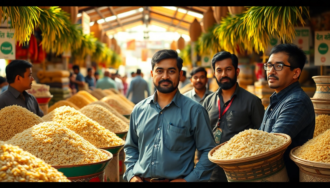 Rice importers actively trading a variety of rice types in a vibrant marketplace.
