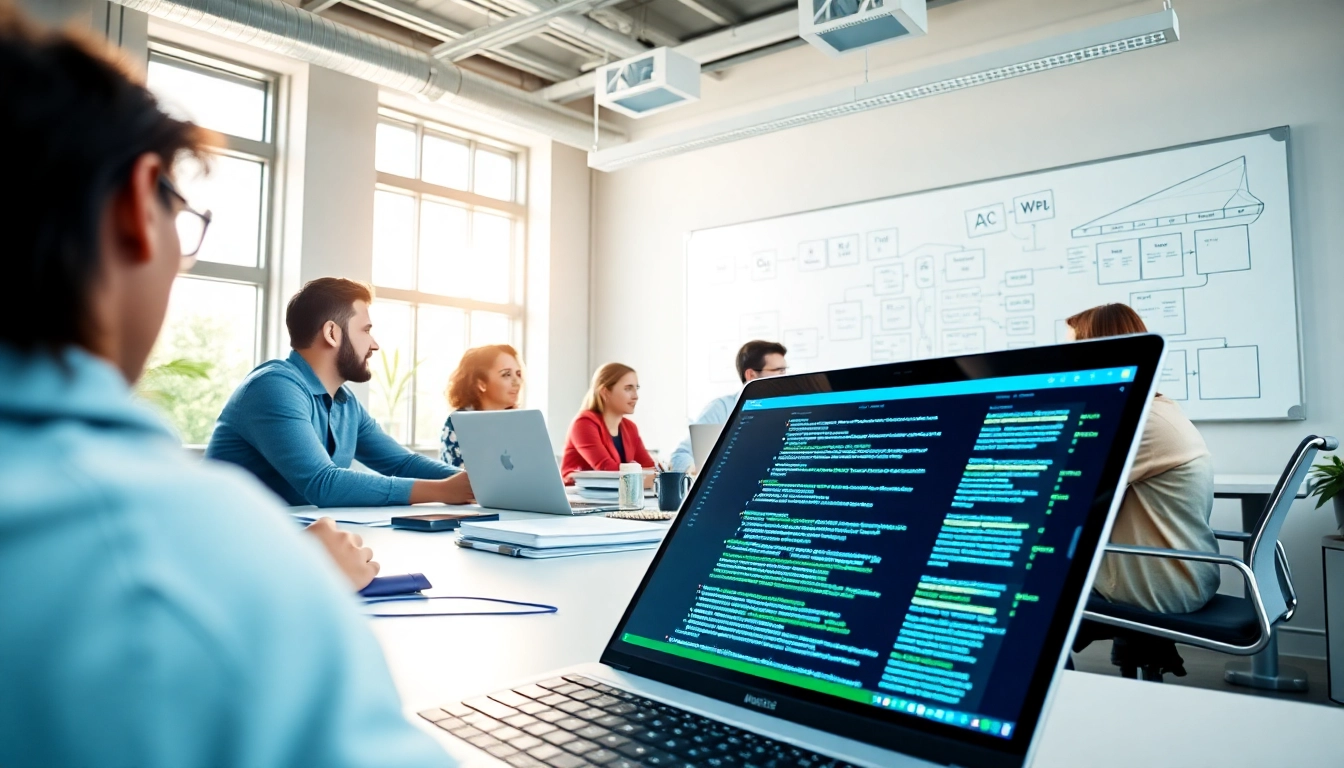 Engaging team collaborating on web development tasks, showcasing dynamic coding and design.