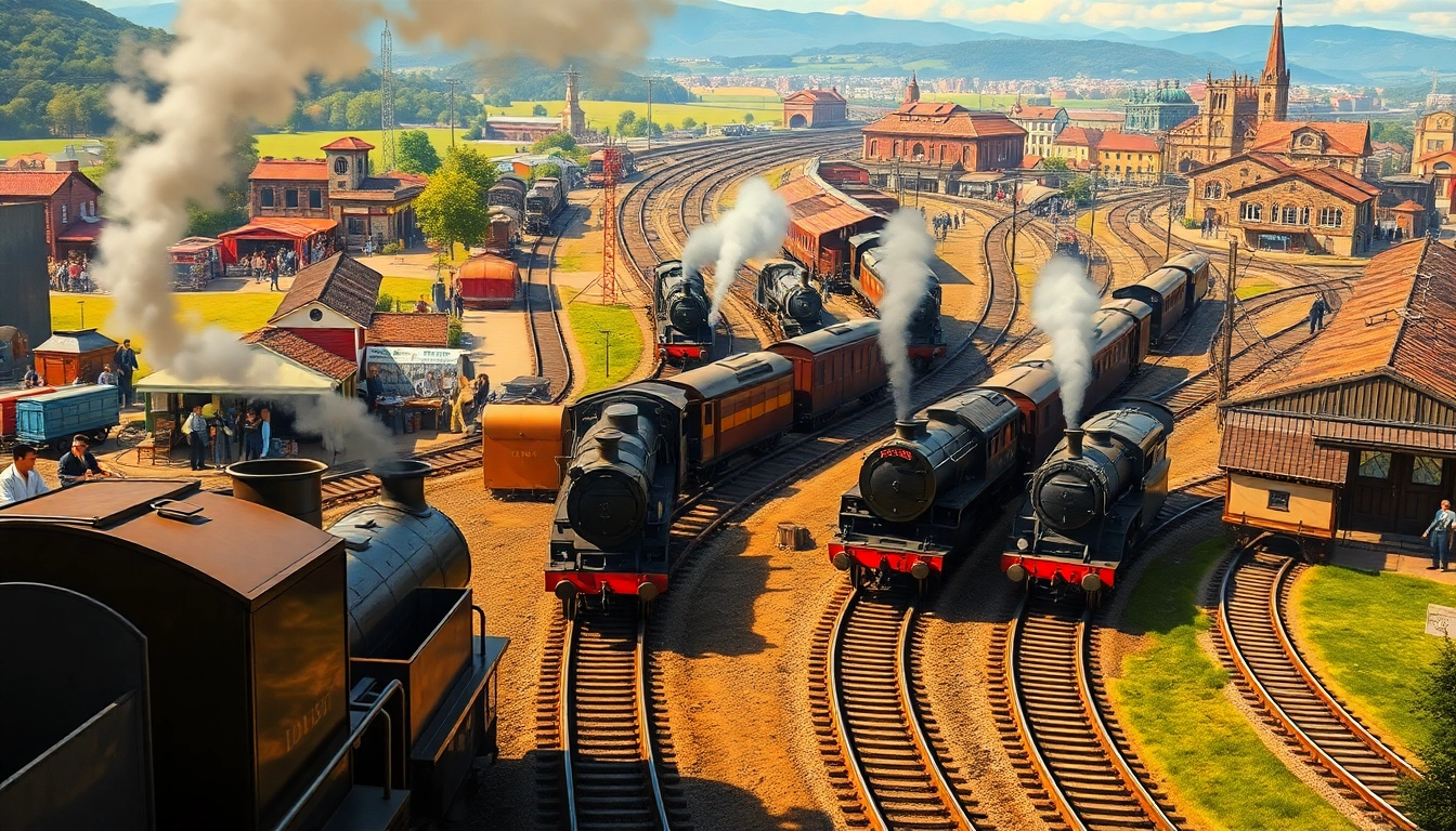 Play Railroad Tycoon free download showcasing a bustling railway empire with vintage trains in motion.