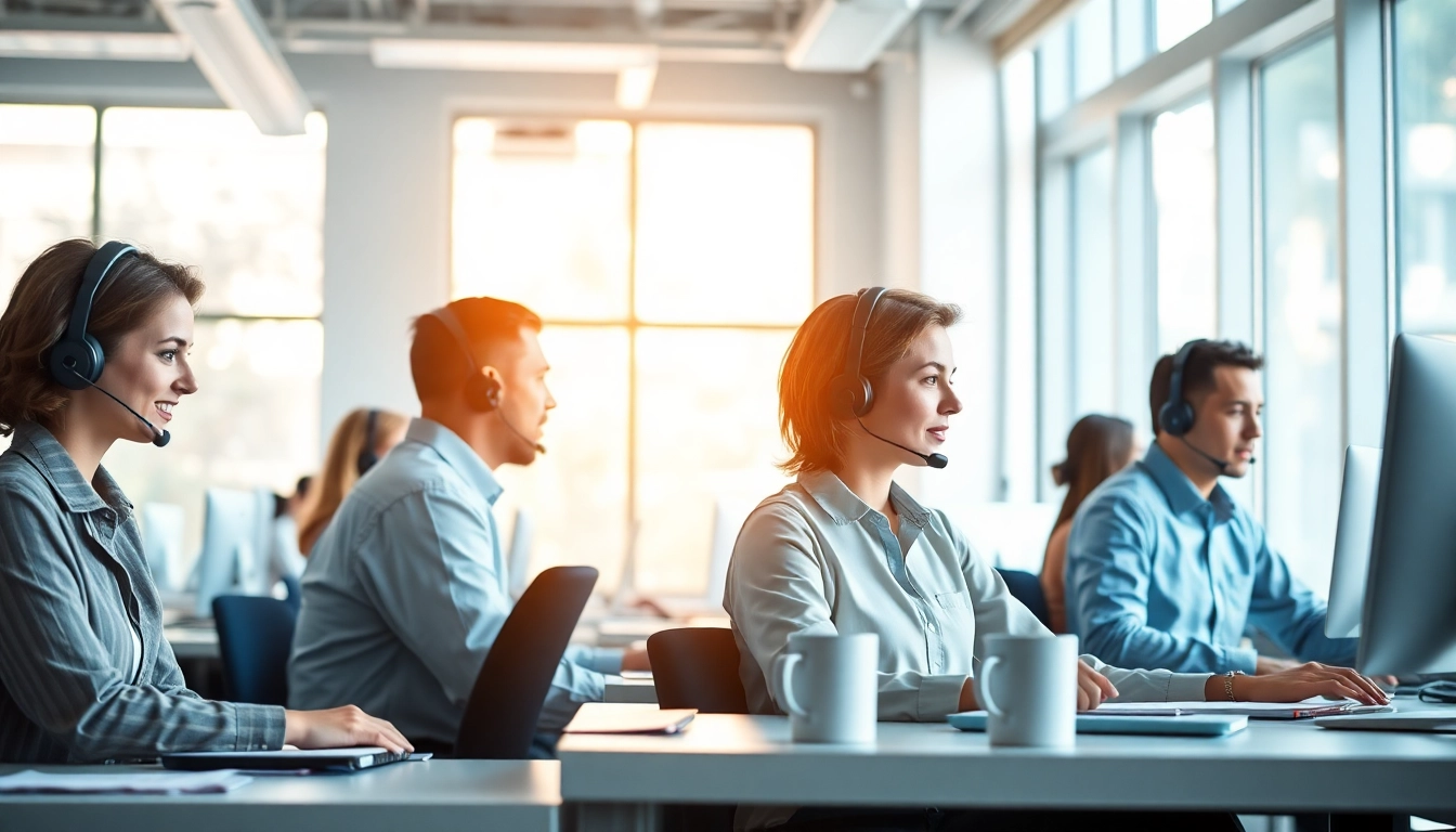 Agents actively discussing Call Center Pricing strategies in a professional office environment.