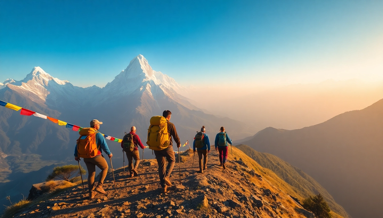 Capture of professional trekkers with stunning Nepal landscape highlighting Best Nepal Trekking Company.
