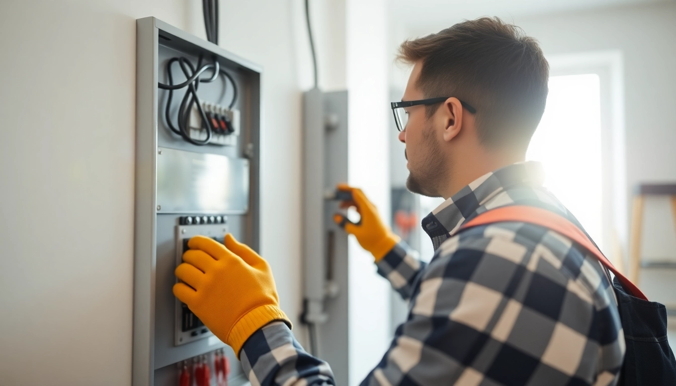 Providing professional Electrical Service, an electrician works on a service panel indoors.