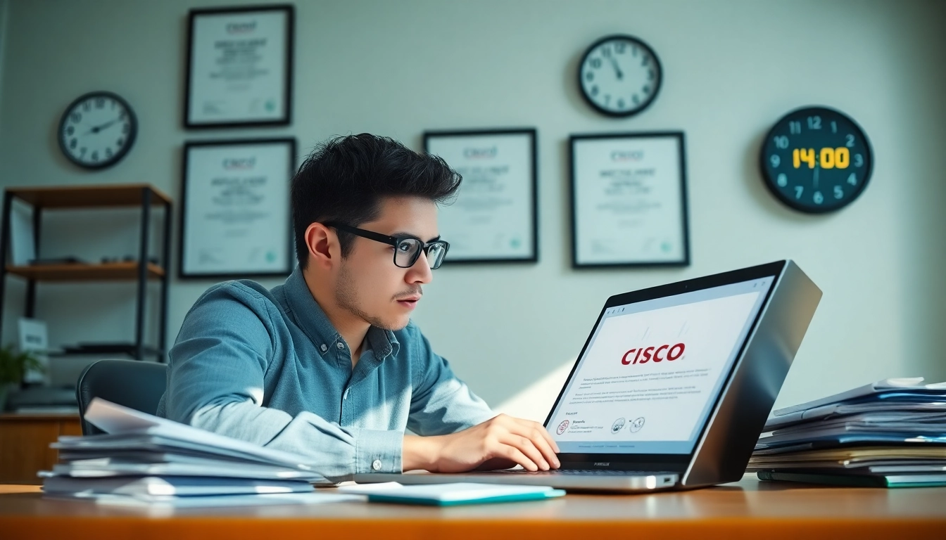 Renew Cisco Certification focused individual studying with materials in a bright professional environment.