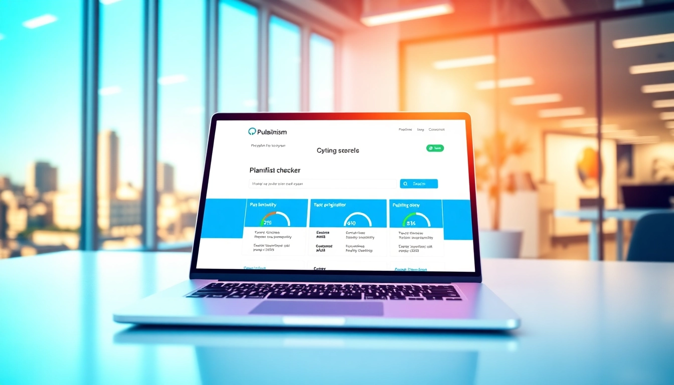 Check plagiarism with an innovative plagiarism checker interface on a laptop.