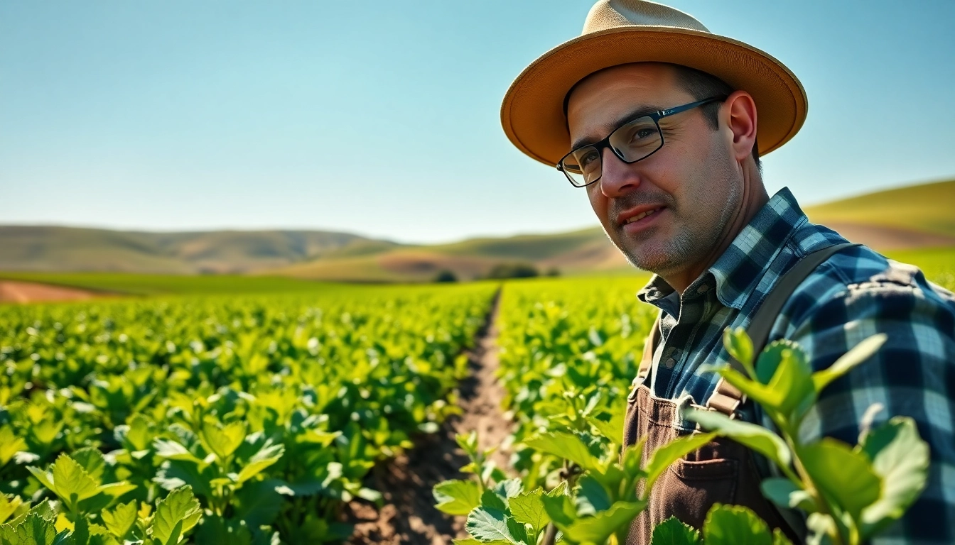 Explore agriculture law practices as a farmer inspects crops in a vibrant field.