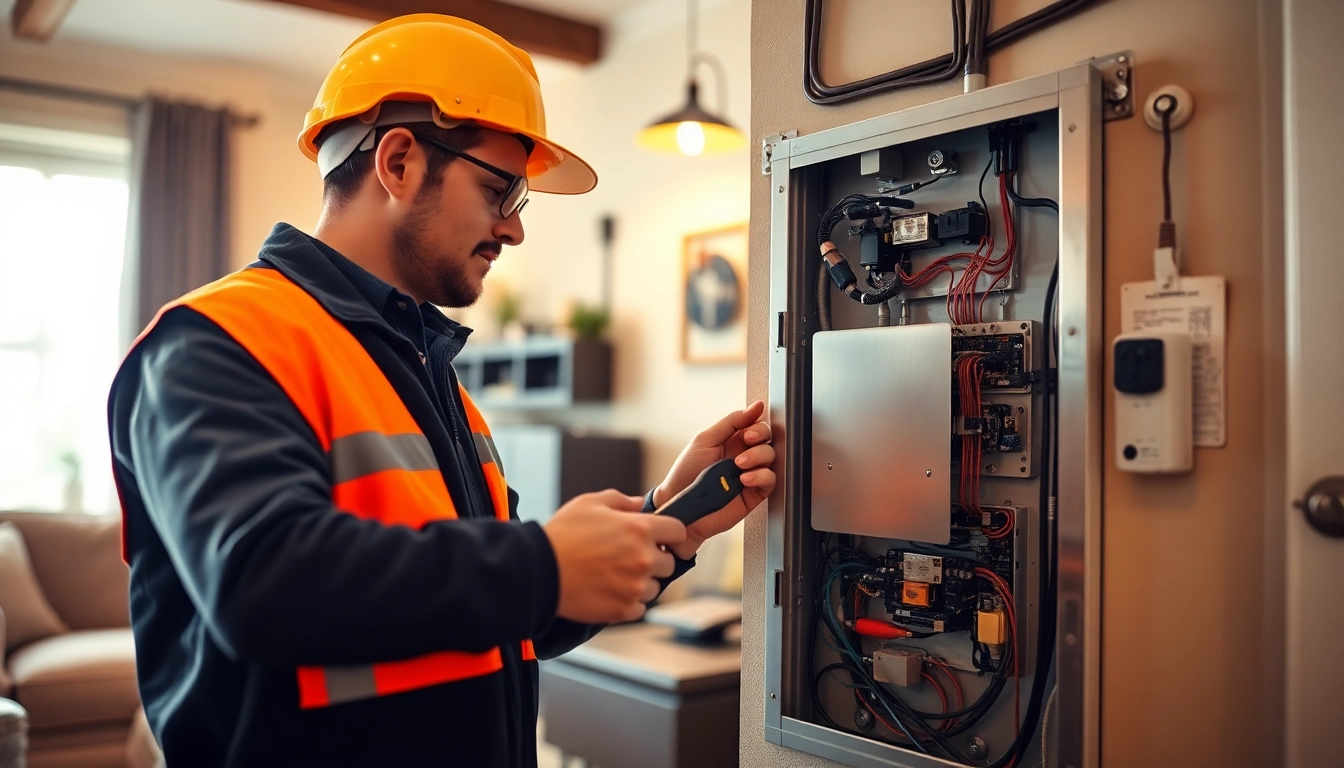 Electrical Service panel inspection by a professional electrician in a well-lit home