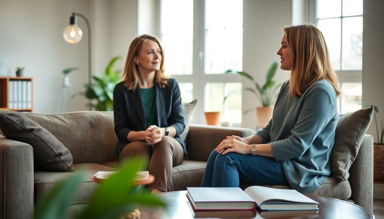 Engaged attachment theory coach and client in a serene office conversation.