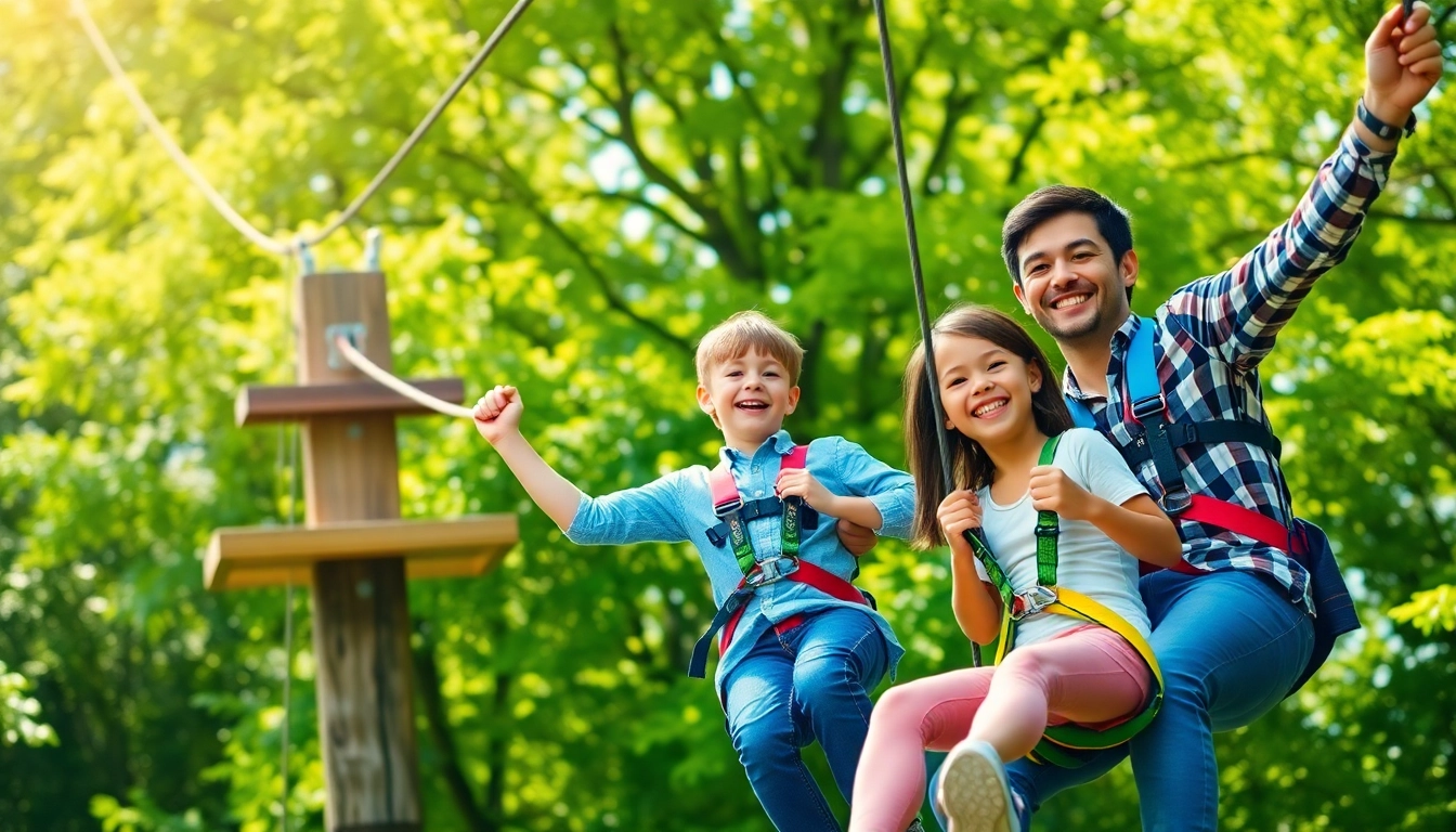 Family enjoying a GARDEN ZIP WIRE KIT adventure amidst vibrant outdoor scenery.