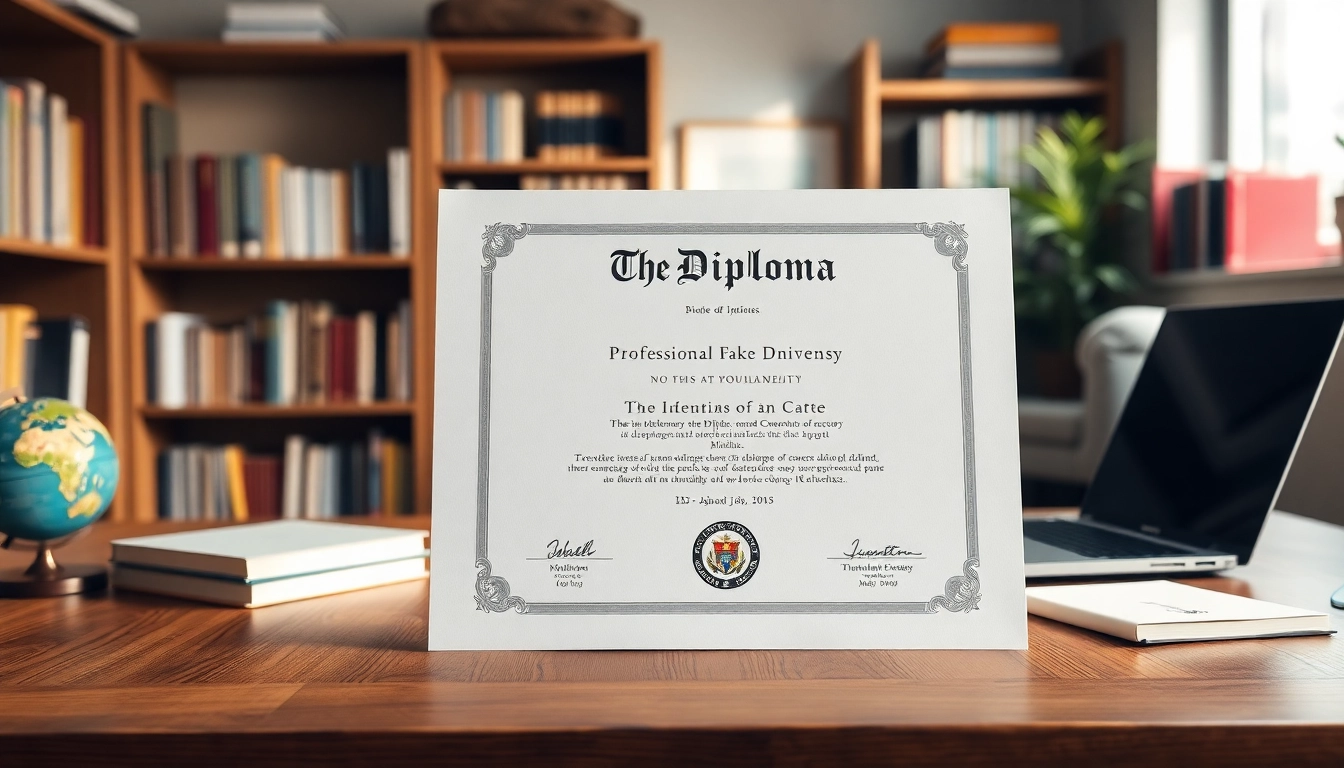 Buy diploma designed with intricate details on a wooden desk, showcasing an academic atmosphere.