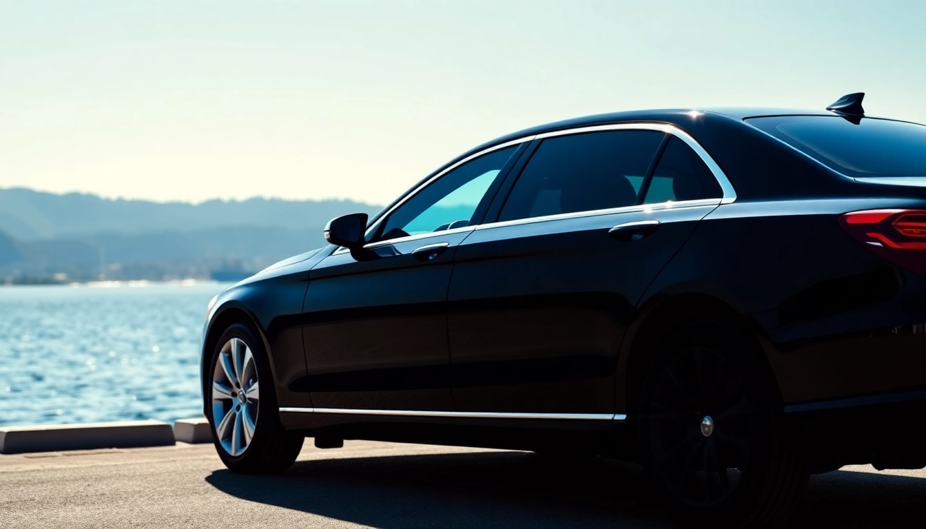 Experience premium private car service Vancouver with a luxurious black sedan by the waterfront.