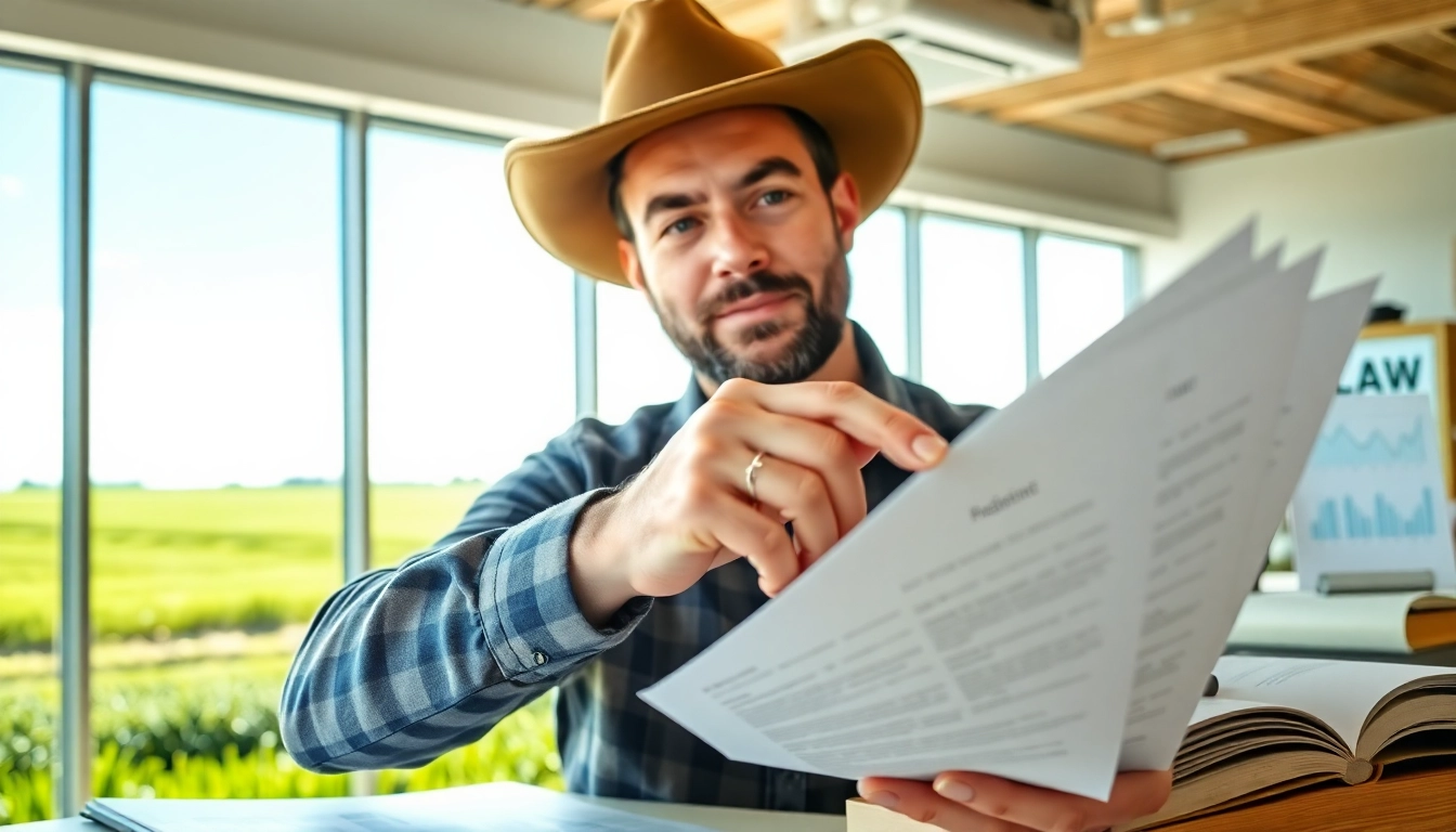 Farmers analyzing agriculture law documents in a bright office, emphasizing legal compliance.