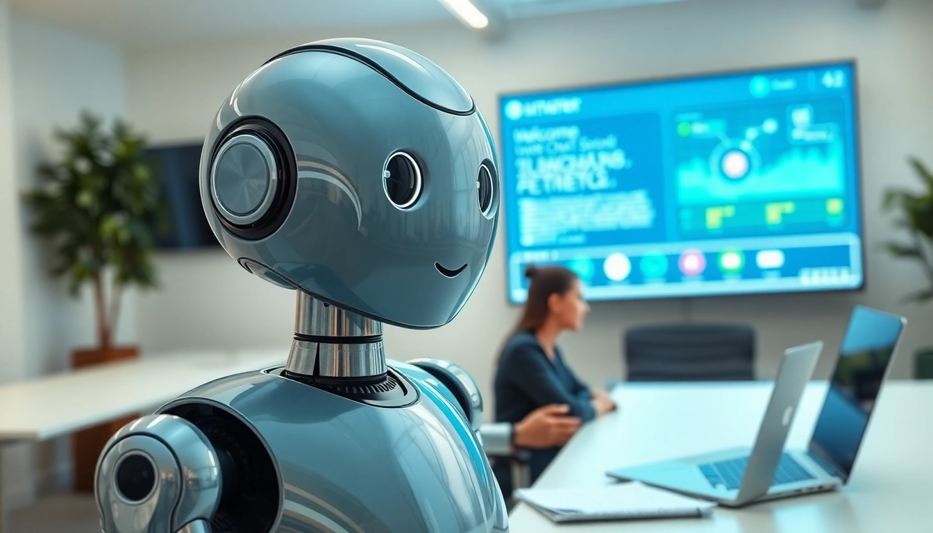 Engaging AI chat bot assisting a user in a modern office setting, highlighting user interaction.