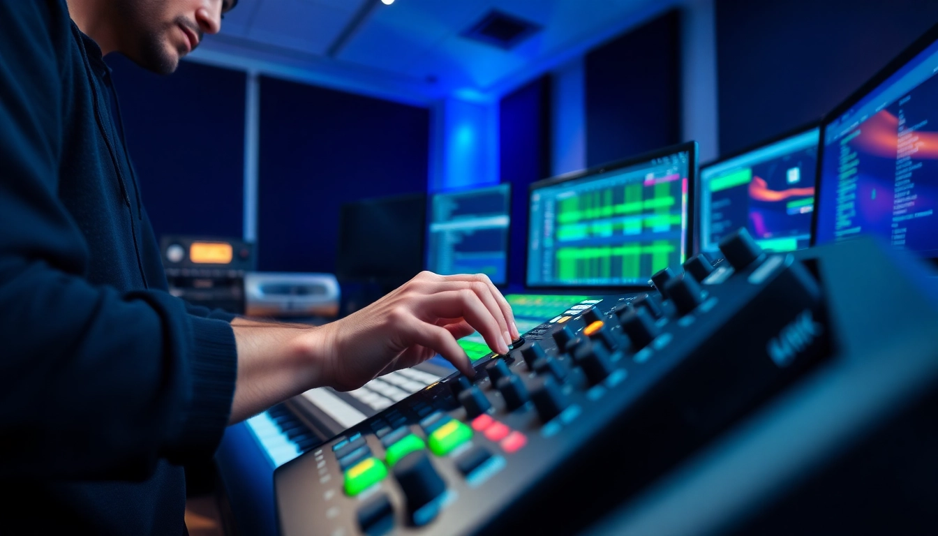 Crafting UK Bass serum presets with modern studio equipment and vibrant colors.
