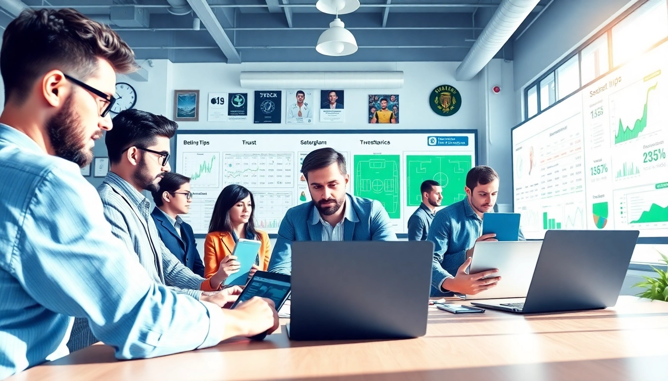 Engage with expert betting tips through analysts reviewing strategies in a vibrant office.