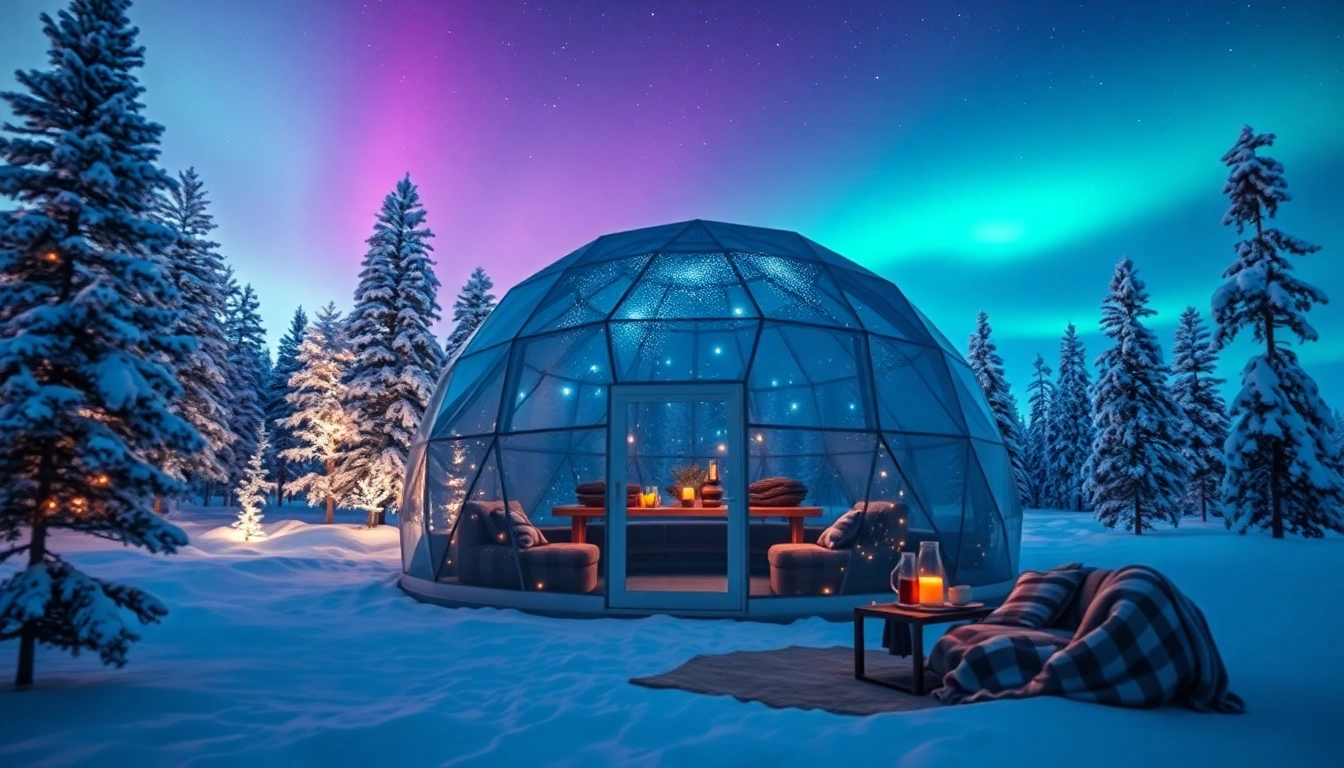 Relaxing in an igloo resort lapland under the stunning Northern Lights.