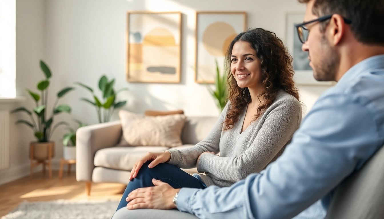 Attachment theory coach offering guidance in a serene, professional setting, fostering client trust.