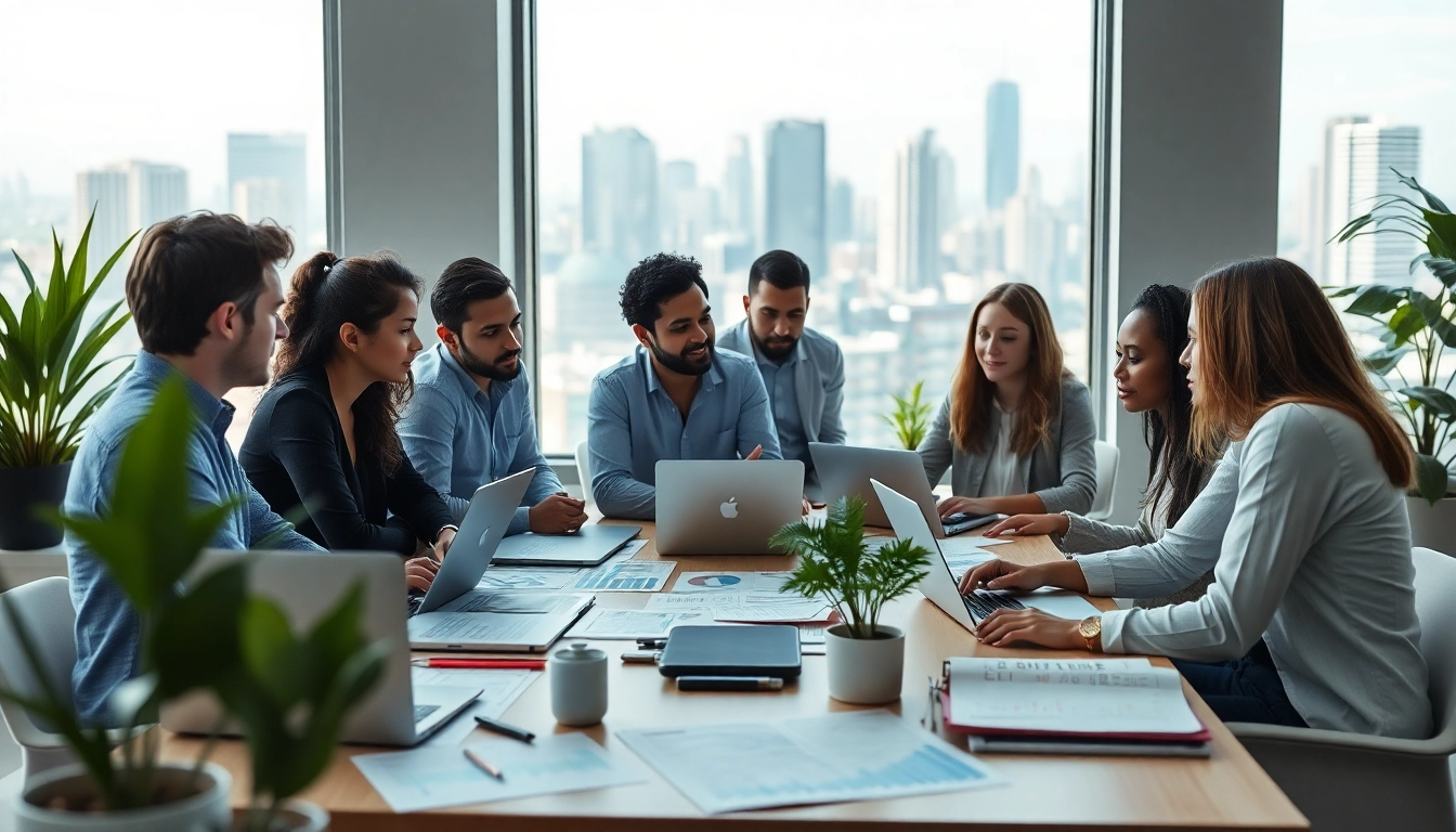 SEO Agency professionals collaborating in a modern office, showcasing teamwork and innovation.