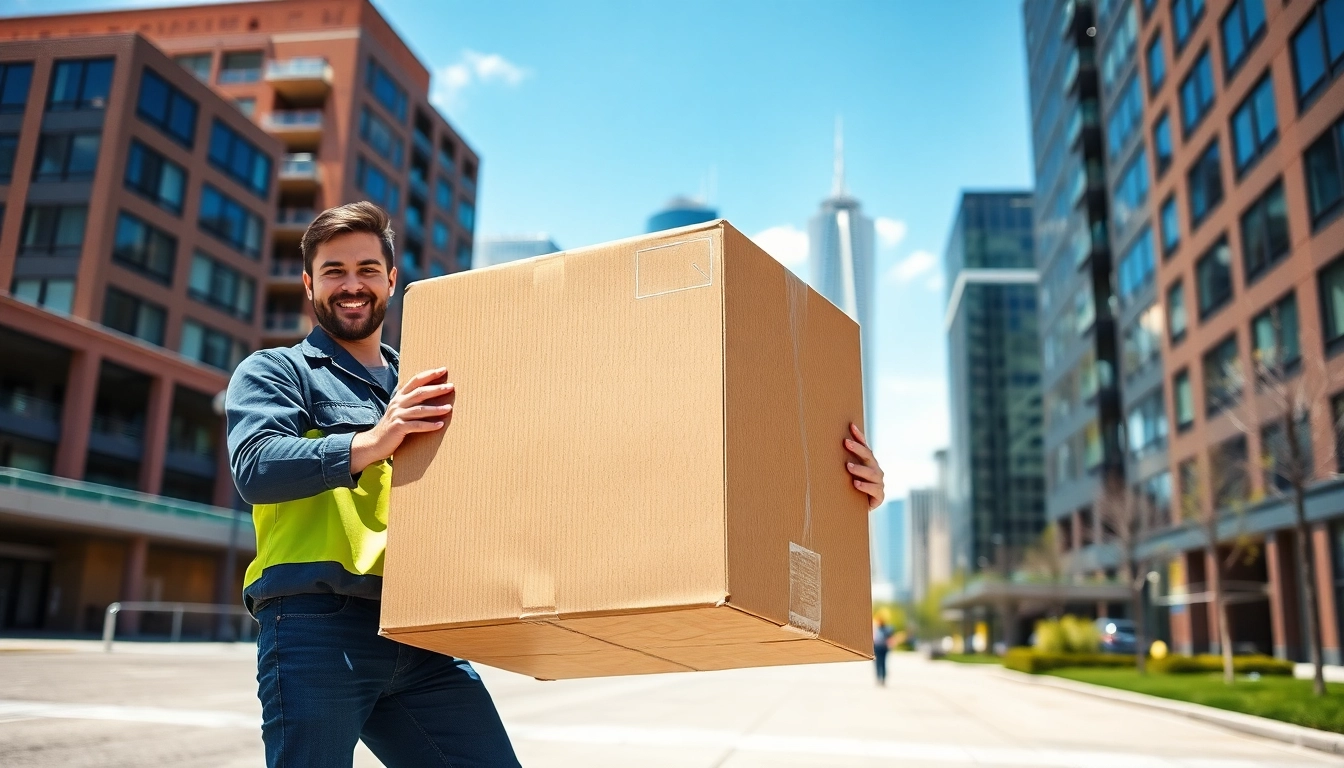 movers calgary team lifting a large moving box outdoors with a cityscape background.