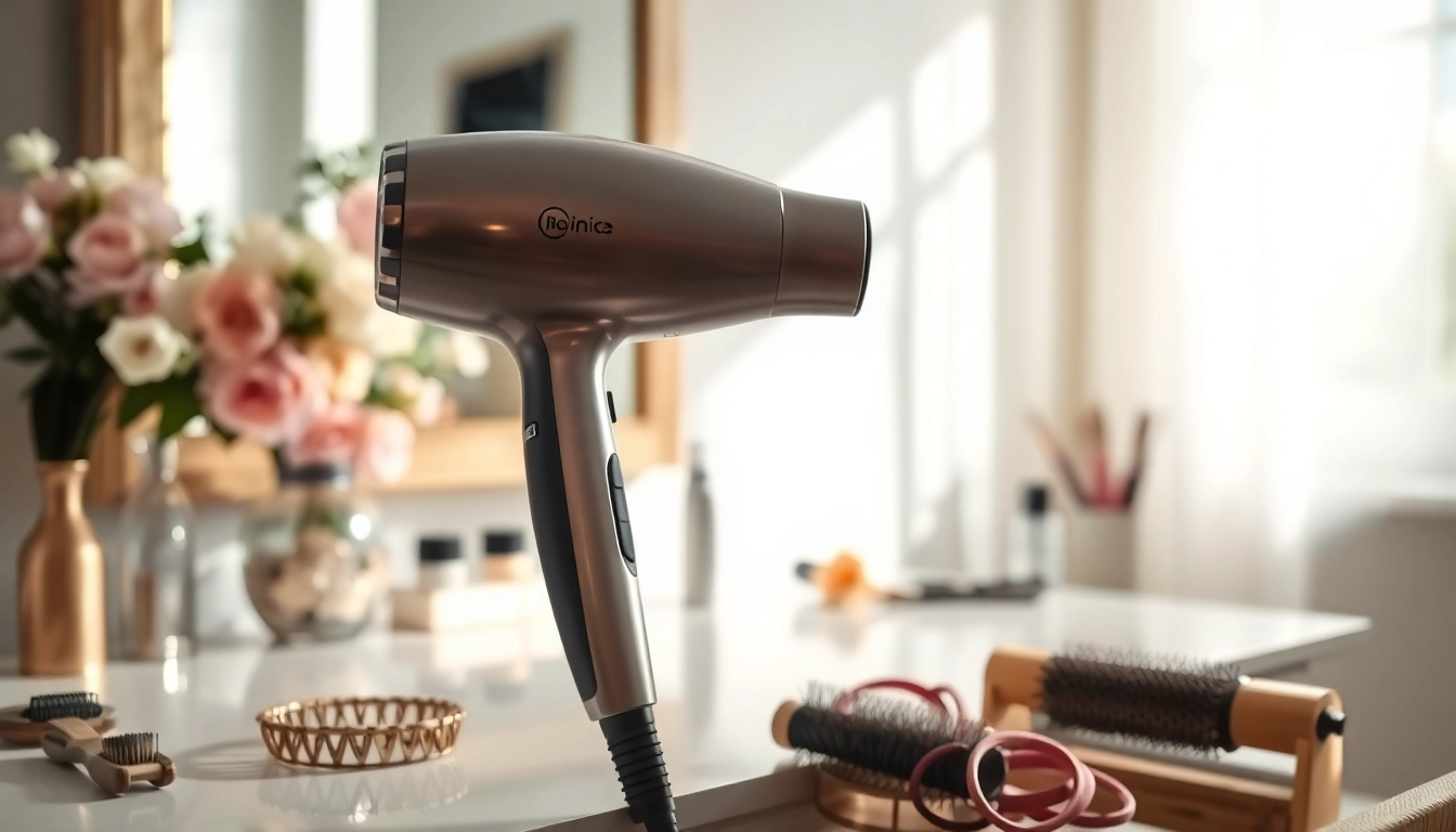 Styling with an ionic hair dryer, showcasing its sleek design and professional features.
