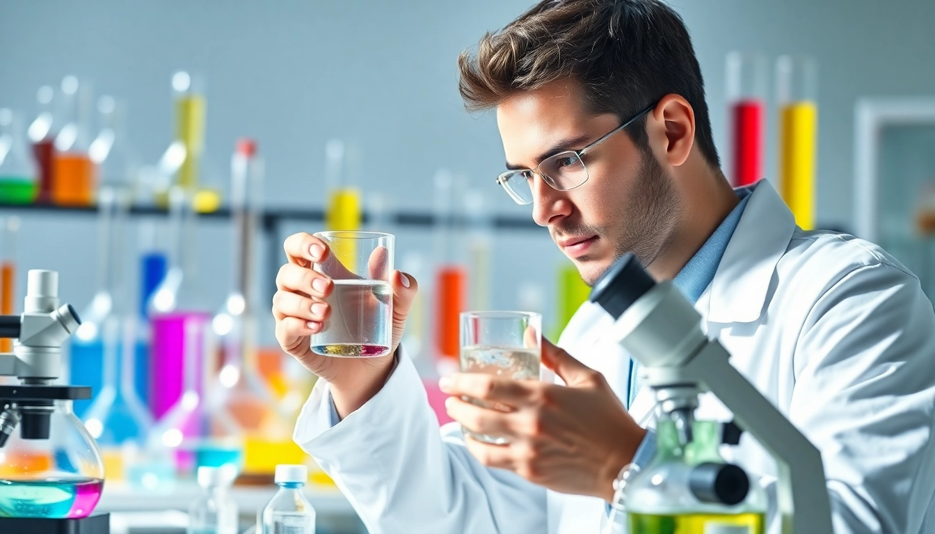 Analyze Hydroxyethyl MethylCellulose in a professional lab setting with a chemist and colorful solutions.