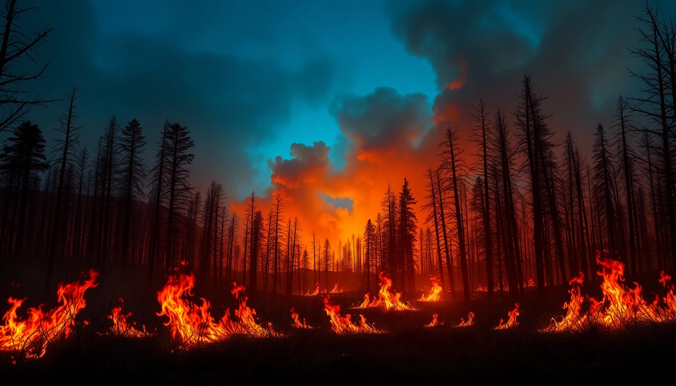 Visual depiction of wildfire events showcasing intense flames impacting a forest landscape.