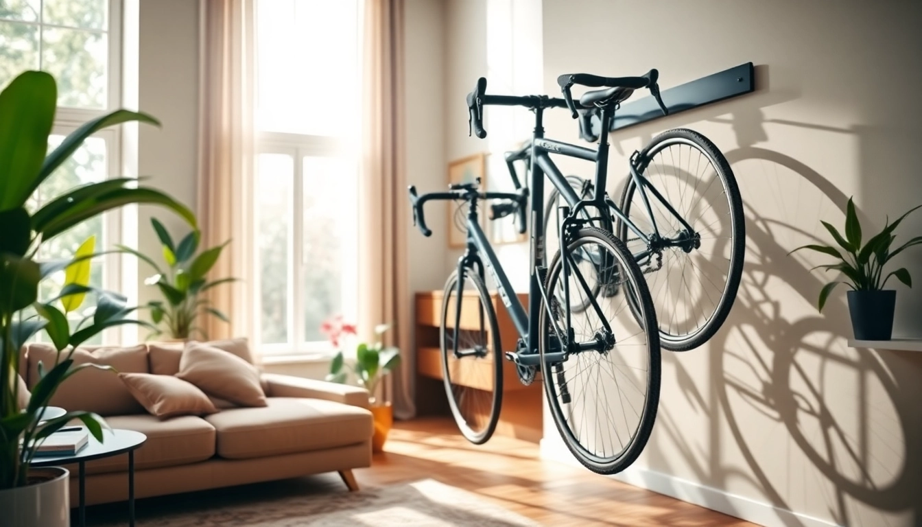 Organized indoor bike storage featuring stylish wall-mounted racks for optimum space utilization.