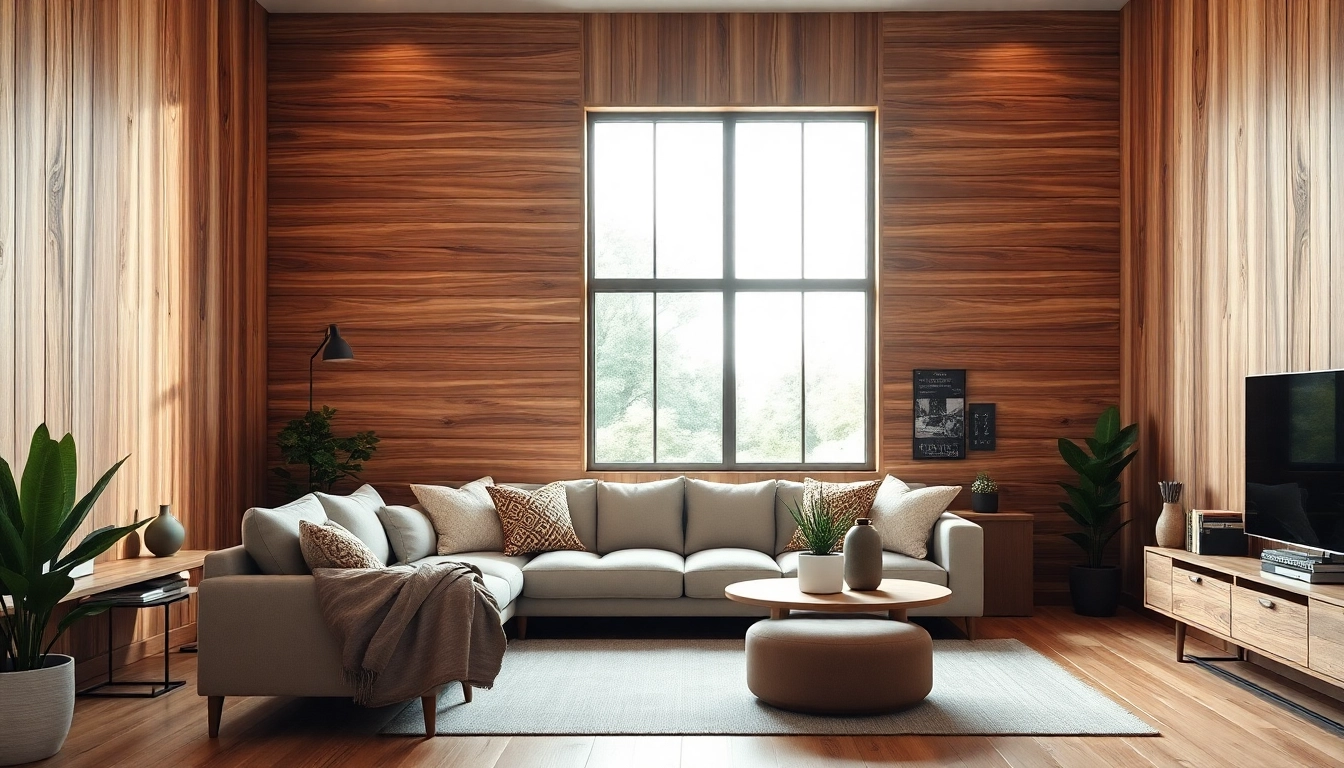 Bright living room featuring wood panel walls usa with elegant decor and natural light